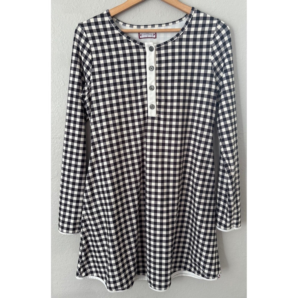 Sweet Honey Women Gingham Henley Dress Medium Black White Buffalo Check Long Slv